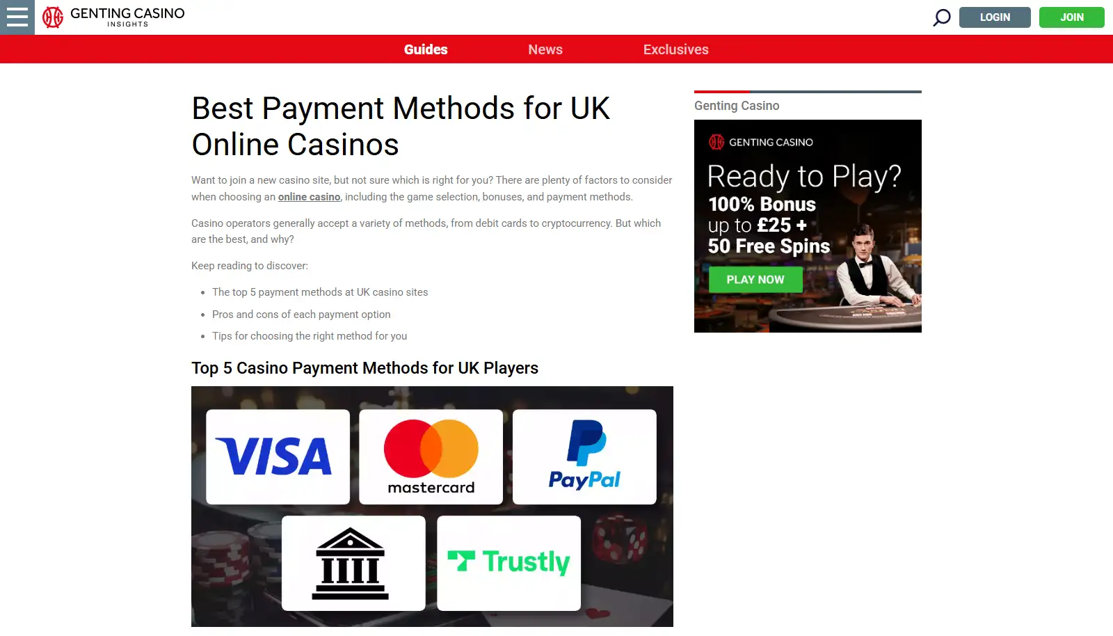 Official Genting UK payment guide showing current deposit methods such as debit cards, bank transfer, Trustly and PayPal