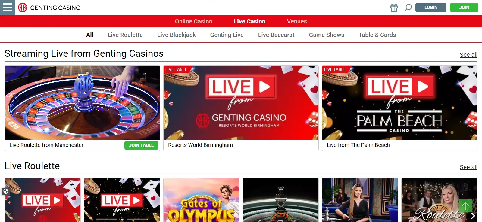 Official Genting live casino page showing venue-linked streams and live table categories