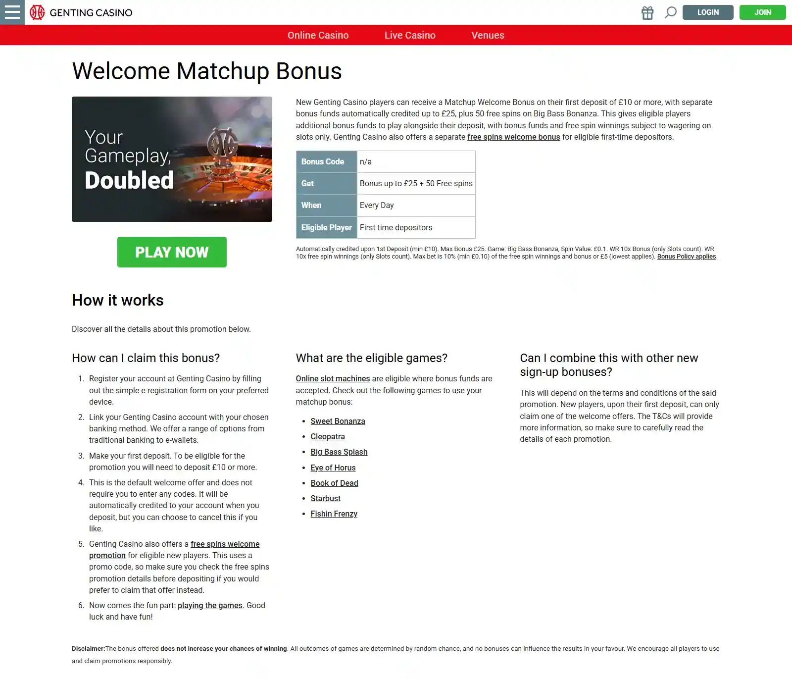 Official Genting Casino welcome bonus page showing the qualifying deposit and current matched offer