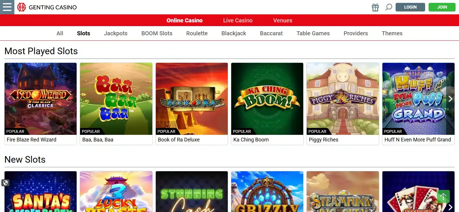 Current Genting Casino slots catalogue with Megaways and other slot categories visible
